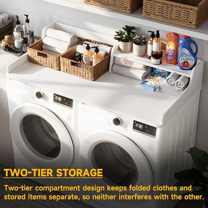 Washer Dryer Countertop Laundry Wood 2 Tier Shelves Topper with Edge, 54" W x 26.7" D Cover Guard Organizer for Washer and Dryer Laundry Hamper Counter Storage Organization White Wood
