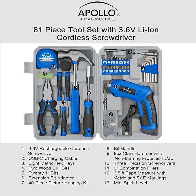 Apollo Tools 81-Piece Home Tool Set with 3.6V Li-Ion USB Cordless Screwdriver, Rotating Handle, LED Light, Hand Tools & Picture Hanging Kit – Compact Household Repair & DIY Kit, Blue/Gray DT2020