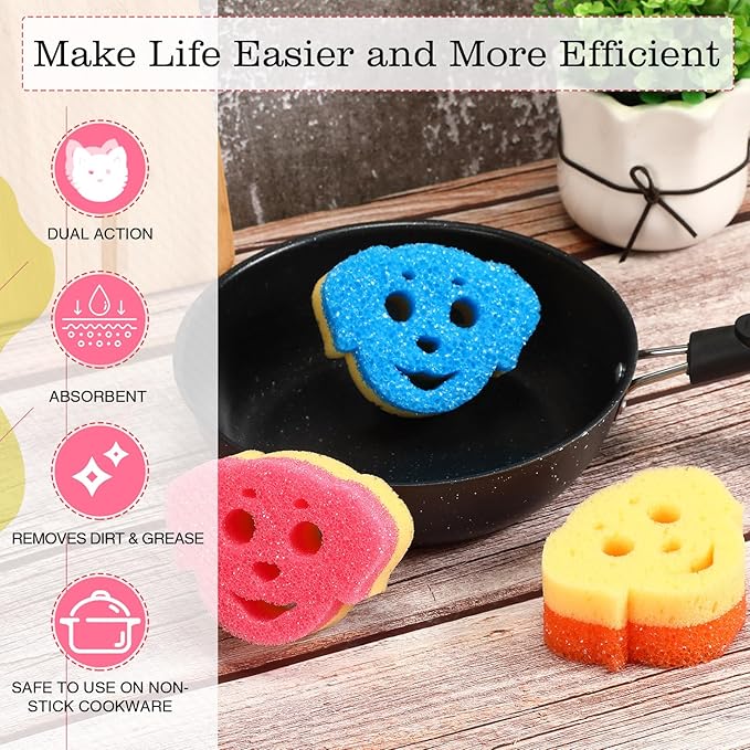 3 Pcs Dual Sided Scrub Sponge Multi Functional Cute Temperature Sensitive Non Scratch Dish Sponge for Washing Dishes Kitchen Bathroom(Dog,Pink, Orange, Blue)