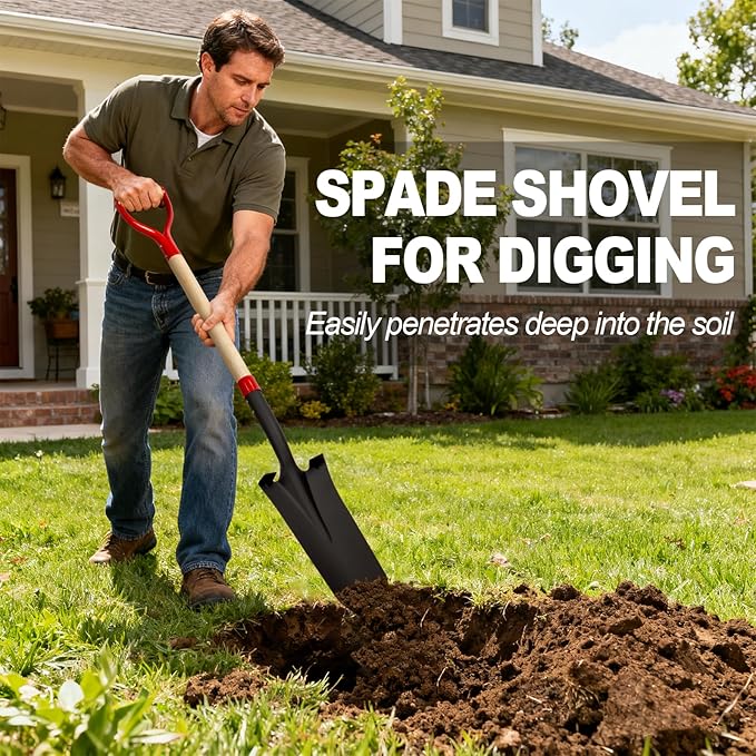 Nohovu Spade Shovel for Digging, Heavy Duty Shovel with D-Handle, Trench Shovel for Gardening, 45 Inches