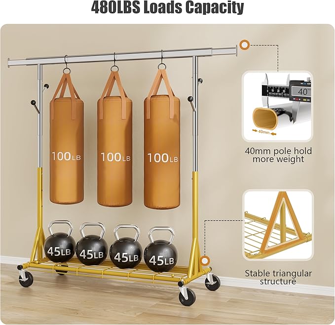 Gewudraw Rolling Clothes Rack Load 530lbs,Heavy Duty Garment Rack With Sturdy Wheel And Shelves, Adjustable Portable Hanging Rack For Clothes, Gold