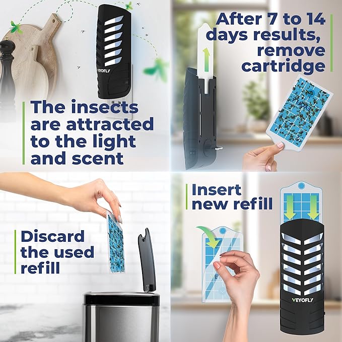 VEYOFLY Fruit Fly Traps for Indoors, Fly Trap Indoor, (1 Device + 3 Refills) Fly Catcher Indoor, Gnat Traps for House Indoor, Fly Trap, Plug in Light Flying Insect Trap, Bug Killer
