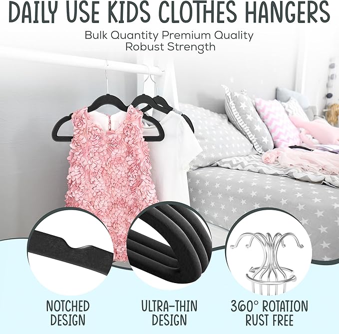 TechZoo 25 Premium Kids Velvet Hangers - 14" Non-Slip Clothes Hangers for Kids & Preteens - Ultra Slim, Space-Saving, Strong & Durable Hangers with 360° Swivel Hook - Black