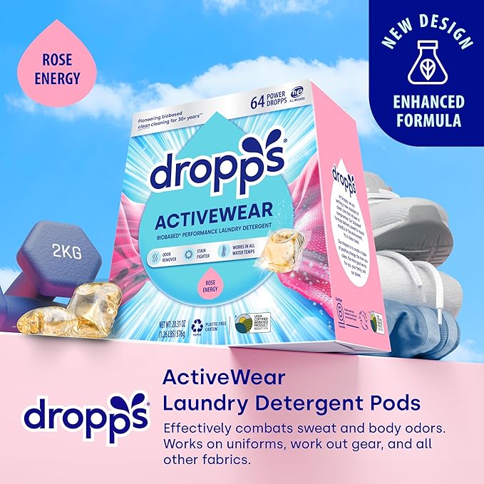 Dropps Activewear Laundry Detergent Pods, Rose Energy (64 Count) - Powerful Laundry Pods | Fights Sweat & Body Odors | For Synthetic Workout Clothes | Clean Ingredients | Plastic Free Packaging