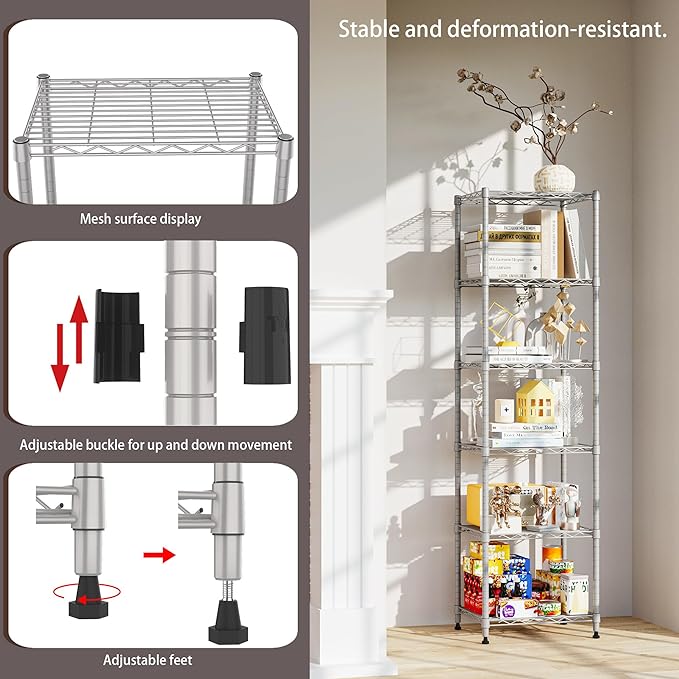 REGILLER 6 Wire Shelving Steel Storage Rack Adjustable Unit Shelves for Laundry Bathroom Kitchen Pantry Closet (16.7L x 11.9W x 64H, Silver)