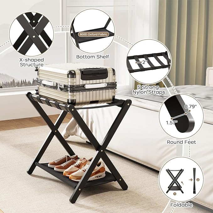 Fully Assembled Luggage Racks Set of 2, Bamboo Luggage Rack for Guest Room, Foldable Suitcase Stand with Fabric Storage Shelf for Bedroom, Hotel, Holds up to 165 lb, 26.77 x 16.93 x 22.5 Inches, Black