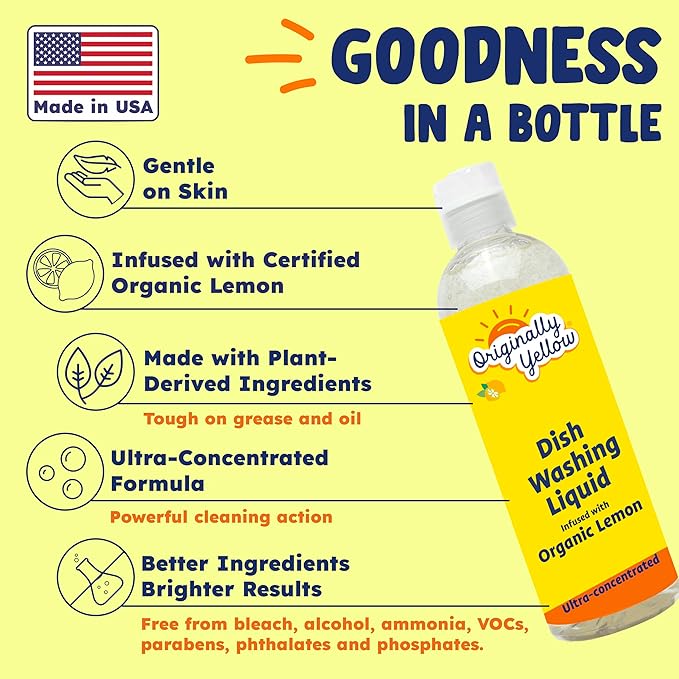 Originally Yellow USA Made Lemon Natural Dish Soap | Hypoallergenic Soap Great For Sensitive Skin as well as Pet & Baby Safe | Bulk 3 Pack