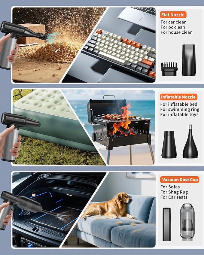 Compressed Air Duster, 2-in-1 Air Duster & Vacuum with 320000RPM Brushless Motor, Electric Air Duster Rechargeable, 3-Gear Adjustable Air Blower for Keyboard, Computer, Car, Home, Outdoor Cleaning