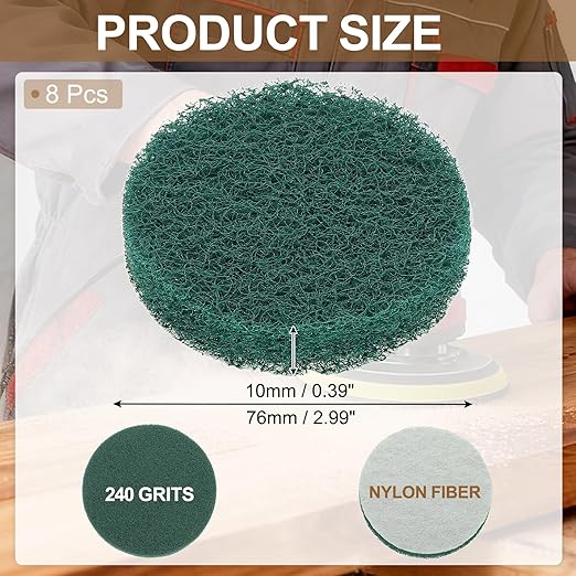 uxcell 8Pcs Scrubber Scouring Pad, 3 Inch 240 Grits Drill Power Brush Hoop and Loop Scrub Pads Discs Polishing Pad for Household Furniture Automotive Cleaning, Green