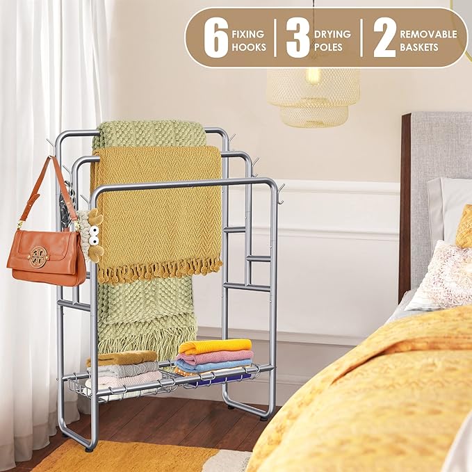 Kayfia 40" H Towel Rack Freestanding, 3-Tier Bath Towel Holder Stand with Storage Baskets & Hooks, Blanket Drying and Display Rack for Oversized Bath Towels, Metal Towel Rack Stand Indoor Outdoor