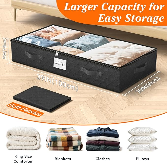 SpaceWhisper 90L Under Bed Storage Containers, 2-Pack Storage Bins with Clear Top, Foldable Closet Organizers and Storage with Label Holder for Clothing, Blankets, Comforter & Pillows(Black)