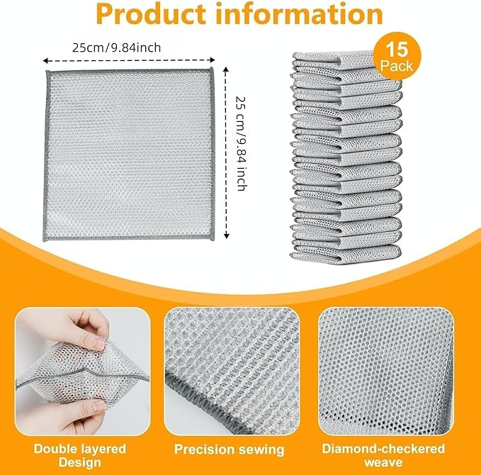 Extra-Large Size Multipurpose Wire Dishwashing Rag,Non Scratch Wire Dishcloth, Reusable Steel Wool Scrubber,Non-Scratch,Quick-Drying,Multi-Purpose for Kitchen,Bathroom Cleaning (15)