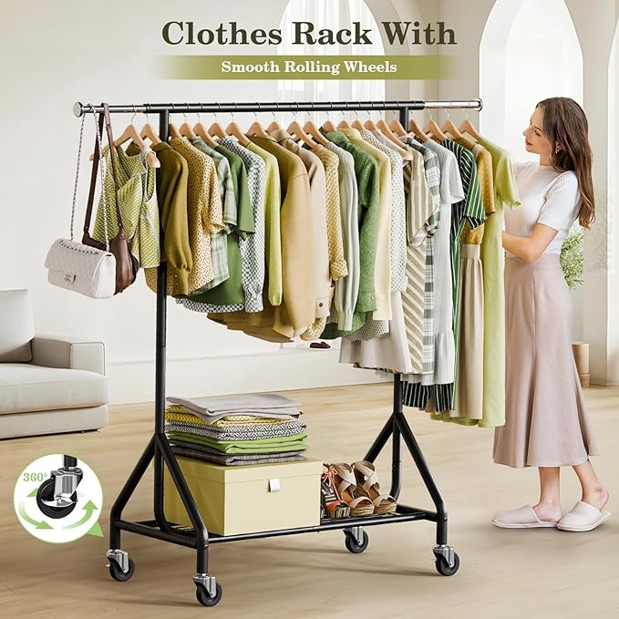 Holiwei Clothes Rack Load 450 LBS, Heavy Duty Garment Rack, Standing Rolling Metal Hanging Clothes with Sturdy Wheels & Shelves, Black