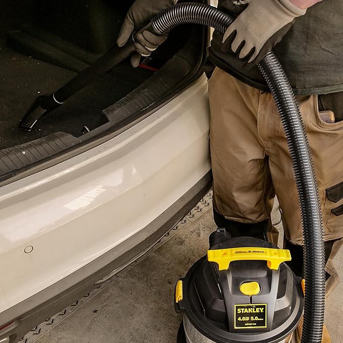 STANLEY Wet/Dry Vacuum SL18115, Stainless Steel Tank, 5 Gallon 4HP Shop Vacuum, Portable Style Ideal for Home/Shop/Jobsite Dust Collection Job with Vacuum Attachments, Silver+Yellow