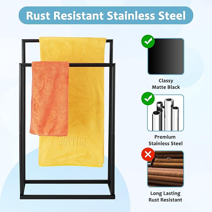 Free Standing Towel Rack, 2 Tier Towel Racks for Bathroom with Storage Shelves, Modern Outdoor Standing Towel Drying Rack for Poolside, Black Blanket Rack Holder, DECLUTTR