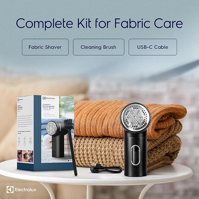 Electrolux Rechargeable Fabric Shaver | Compact Travel Lint Remover for Clothes & Furniture | Eliminates Fuzz & Pilling | 3-Speed Electric Lint Shaver with Type-C Fast Charging Port - Black