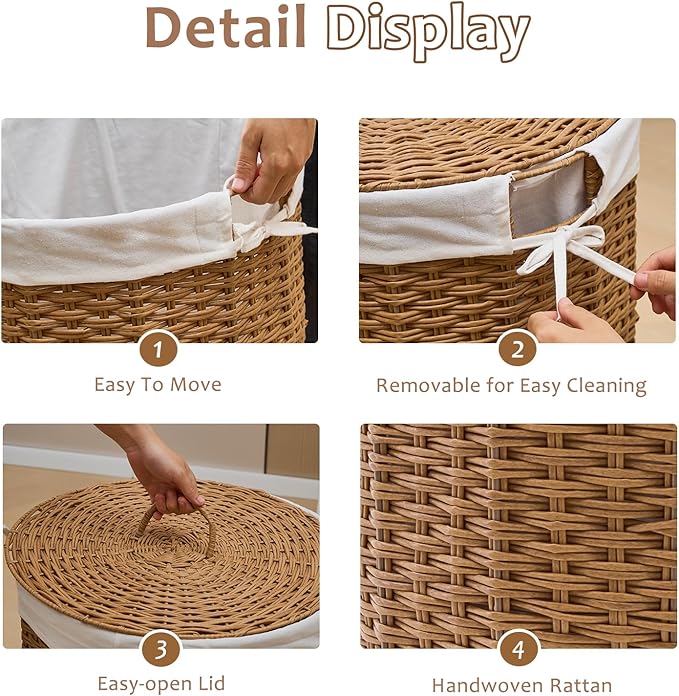 Round Wicker Laundry Hamper with Lid Handwoven Rattan Basket with Handles for Dirty Clothes, 2 Washable Liner Bags, No Assembly Required, Washable Basket, 60L