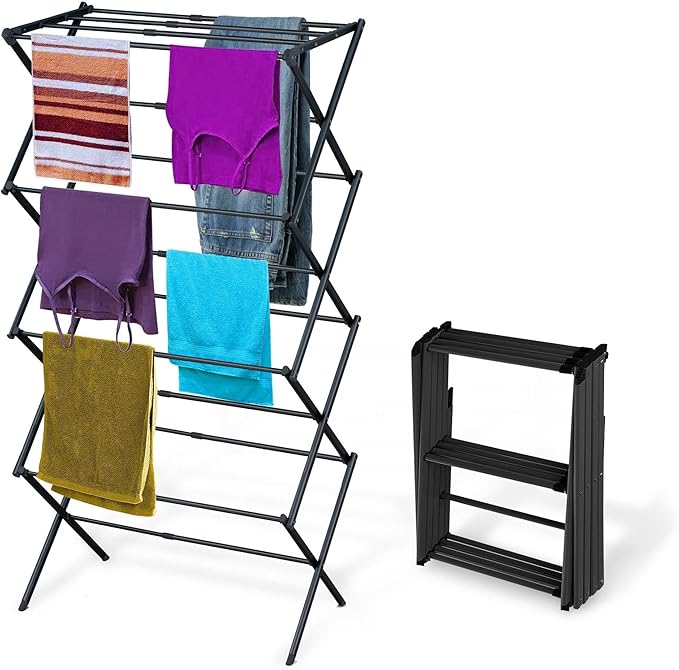 BLACK+DECKER 4-Tier Expandable Collapsible Clothes Drying Rack, Telescopic Height, Foldable Space-Saving Laundry Air Dryer for Towels, Shirts & Delicates – Durable Steel, No Tools Needed