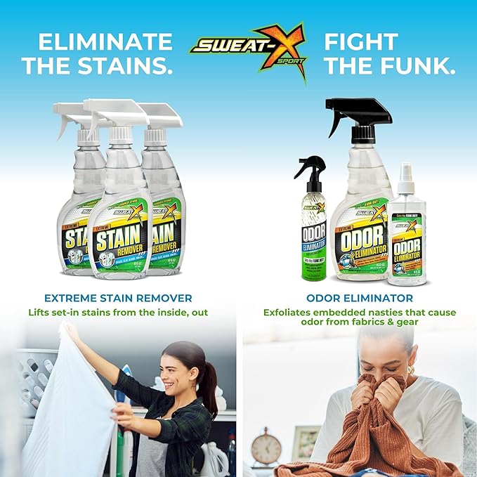 Sweat X Sport Extreme Odor Spray – Multipurpose Deodorizer for Stinky Shoes, Clothes, Sports Equipment & All Fabrics – Concentrated Formula, No Washing Required - Active Fresh Scent – 8 Fl Oz