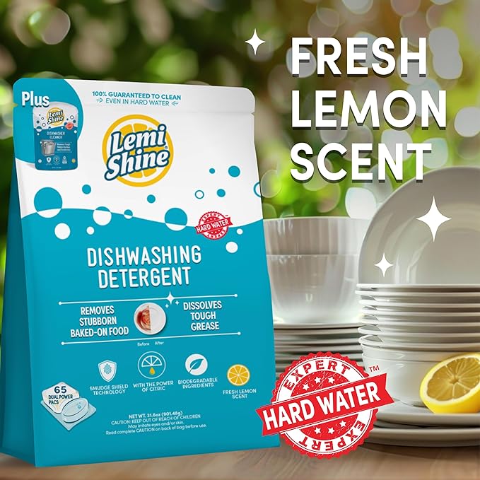 Lemi Shine Natural Dishwasher Detergent Pods + Dishwasher Cleaner 1 ct | All-In-One Powder & Gel Pods with Powerful Citric Acid | Eco Friendly Dish Wash Cleaning Supplies - 65 Count