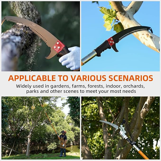 Manual Pole Saw for Tree Trimming, 27 FT Manual tree purner with 8 Fiberglass Handles, Sharp steel Blade and Heavy-Duty Giant Scissors, Extendable Design for Tree Maintenance, Orange