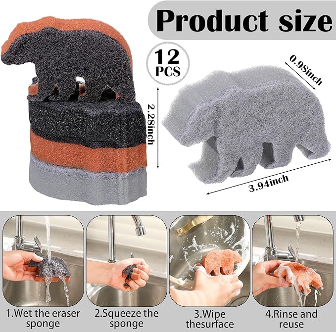 Tioncy 12 Pack Rustic Bear Kitchen Sponges Bulk 4 Colors Cute Dual Sided Scrubber Brown Black Bear Sponges Reuseble Dishwashing Kitchen Cleaning Accessories for Cookware Pot Boiler Pan Household