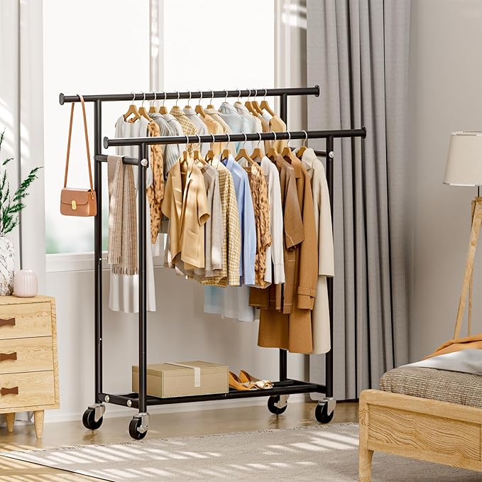 HYSEYY Clothes Rack, Double Rods Rolling Clothing Rack for Hanging Clothes, Portable Garment Rack with Wheels, Coat Rack Wardrobe Closet Load 240 LBS for Bedroom Laundry Room, Black