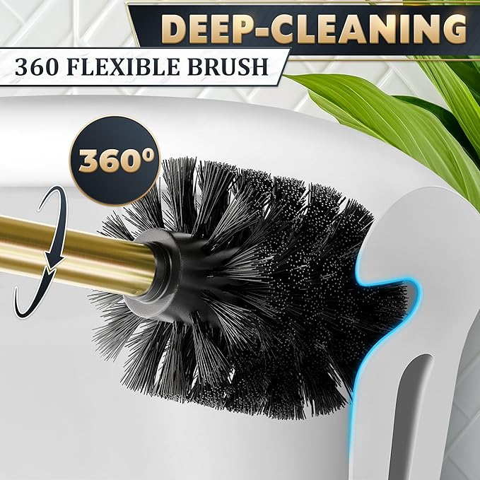 Gold Toilet Brush and Holder Set - Brushed Stainless Steel Gold Toilet Bowl Brush and Holder with Replacable Head, Removable Inner Bowl, and Splash Protection - Dense Bristles for Through Cleaning