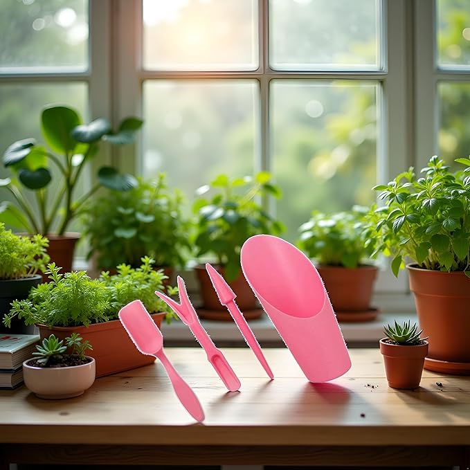 4 Pcs Pink Set Mini Garden Soil Spoon Plastic Planting/Transplanting Garden Tool Set Indoor Mini Garden Plant Care Shovel Soil Cup Bucket Shovel Transplanting Tool Gardening Shovels