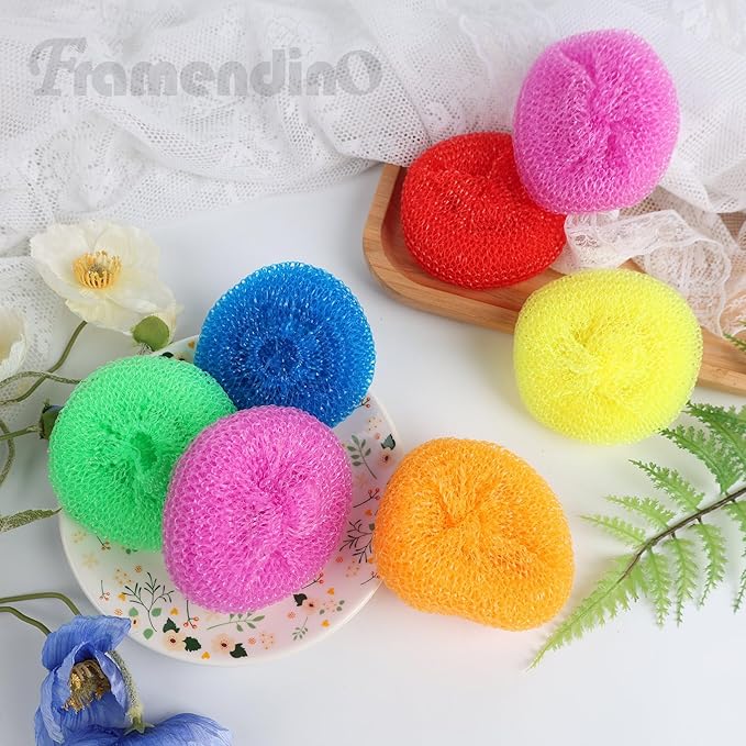 Framendino, 30 Pack Dish Scrub Brush Nylon Scouring Pads Assorted Colors Round Plastic Scrubbers Mesh Scourers Poly for Kitchen