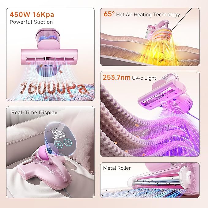 uwant Bed Cleaner with 16Kpa Suction Metal Roller 253.7nm Uv-c Light Mattress Vacuum Cleaner 36000RPM/Min 149℉ Heating HEPA Filter&Ultrasonic Mattress Vacuum for Sofa, Pillow, Bed Throws, Pink