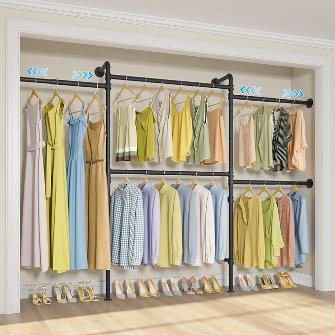 Timate P3 Closet Organizer System with 5 Hanging Rods, Adjustable 5'8"–7'6", Heavy-Duty Modular Garment Rack, Space-Saving Closet Solution for Walk-in Closet, Bedroom & Small Spaces