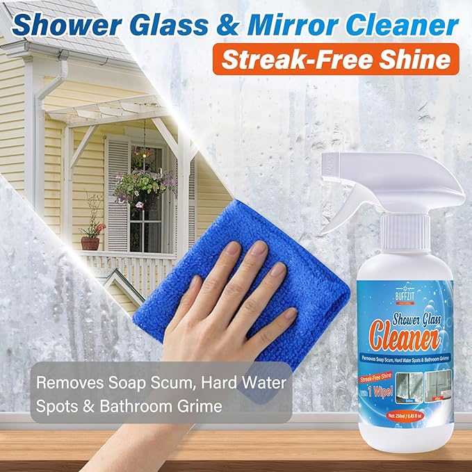 Shower Glass Cleaner, Hard Water Stain & Soap Scum Remover for Glass, Windows and Mirrors, Streak-Free Bathroom Glass Cleaner with Cleaning Towel, 8.45 fl oz / 250ml