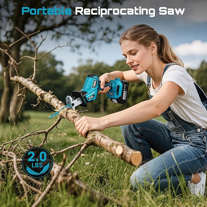 SEESII Reciprocating Saw Cordless, Variable Speed 3500 RPM Brushless Motor with 6 Saw Blades, 2 x 4.0Ah Batteries, LED Light, Tool‑Free Blade Change, Portable for Wood PVC Cutting