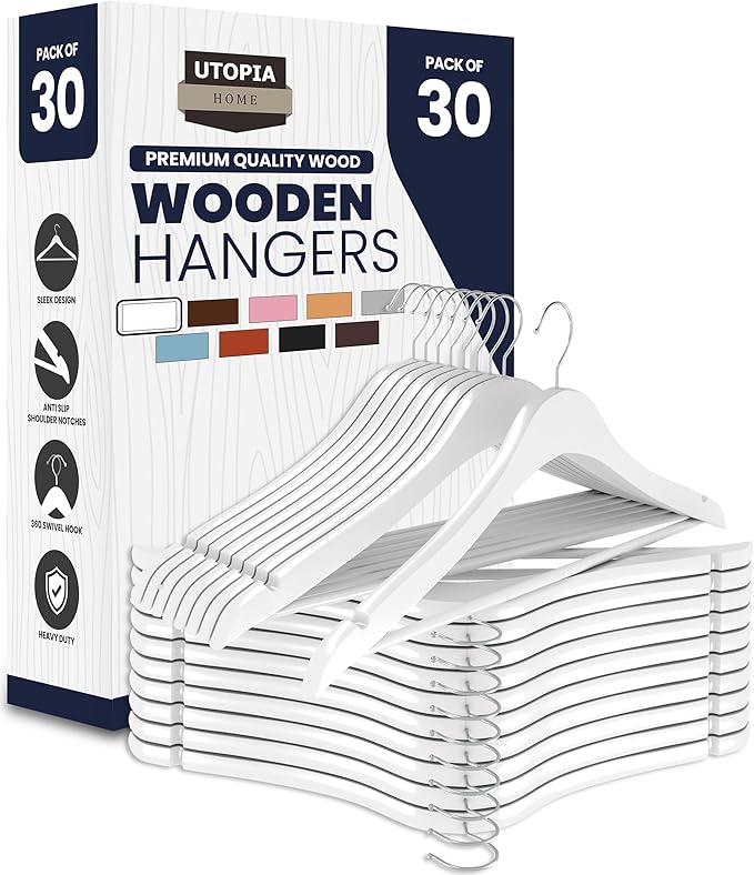 Utopia Home Premium Wooden Hangers 30 Pack - Durable & Slim Coat Hanger - Suit Hangers with 360-Degree Rotatable Hook - Wood Hangers with Shoulder Grooves (White Color)
