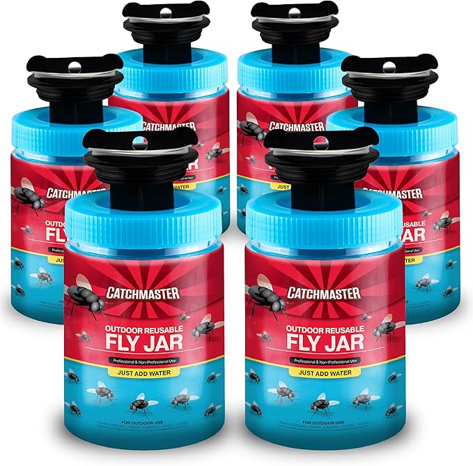Catchmaster Outdoor Reusable Fly Traps Outdoor with Food-Based Lure Included – 6 Pesticide-Free Hanging Fly Jars – Bug Catchers for Yard, Patio & Trash – Sets Up in Seconds