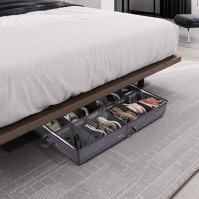 Under Bed Shoe Storage Organizer, Set of 2, Sturdy Structure, Adjustable Dividers, Reinforced Handle, Sturdy Zipper, Underbed Storage Solution with Clear Window, Breathable, Gray