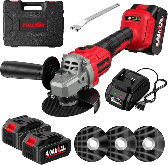 Cordless Angle Grinder 4-1/2 inch, 12000 RPM Brushless Metal Grinder Power Tools with 2x4.0Ah Battery, 3 Variable Speeds Angle Grinder with Auxiliary Handle for Cutting Grinding Polishing