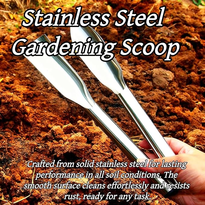 2 Piece Stainless Steel Gardening Tool Set Pointed and Flat Head Soil Scoop with Sifter Hand Digging and Potting Shovel for Soil Transport and Planting