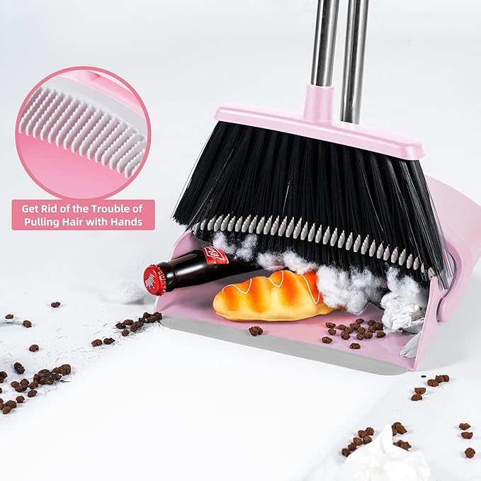 Broom and Dustpan Set, Broom Dustpan Combo Set for Home Commercial Cleaning Supplies Angle Broom with Long Handle Perfect for Courtyard Garage Street (Small-Pink)