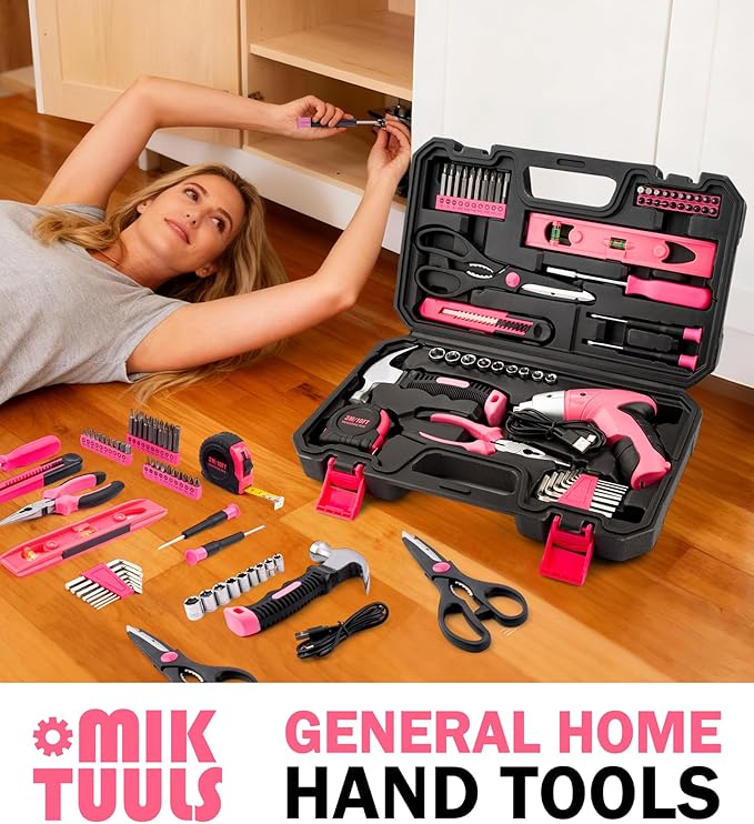 Electric Screwdriver 58pc Tool Set, Cordless & Rechargeable 3.6V Small Power Screwdriver Home Tool Kit Set with Compact Hand Box, Pink