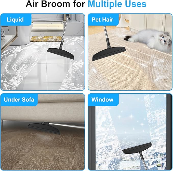 Broom with Dustpan Combo Set and Silicone Air Broom Kit, 51" Long Handle Floor Squeegee, Black Household Kit for Glass Window Rugs Pet Hair Home