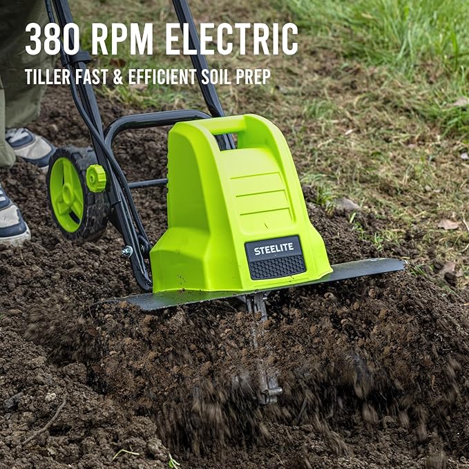 STEELITE 18 Inch Width Electric Tiller Cultivator, 8.7-Inch Depth Electric Rototiller with 24 Durable Steel Tines, 13.5 Amp Corded Cultivator for Gardening, 2-Adjustable Wheels for Garden Lawn Yard