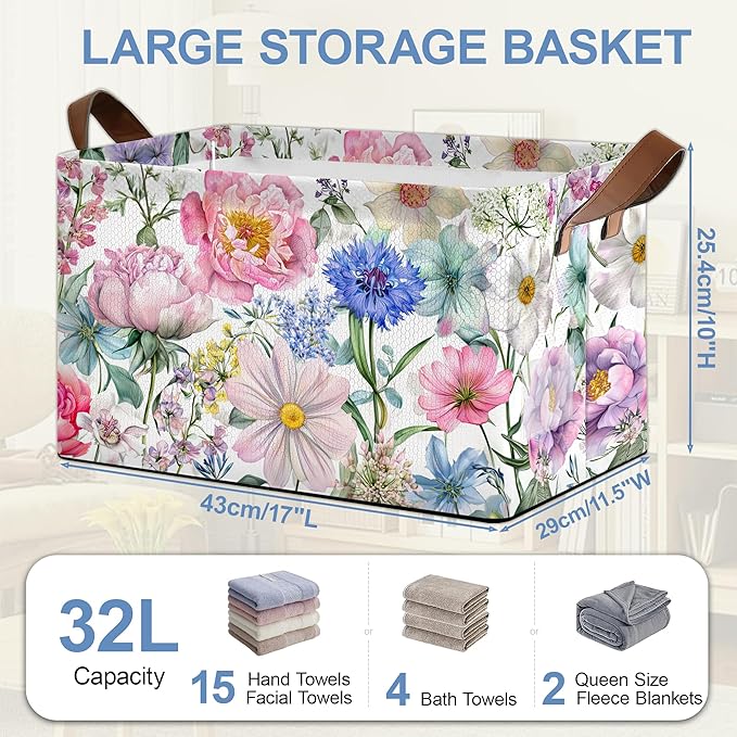 Pink Blue Flowers Storage Baskets,Floral Foldable Organizer Bin with Handles for Home Living Room Bedroom Closet Box 17x11.5x10Inch