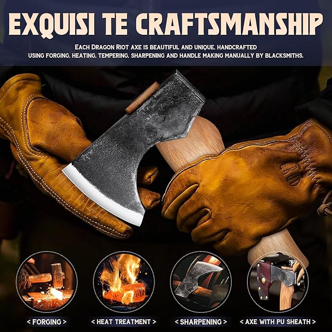 DRAGON RIOT 8.5 inch Camping Axes and Hatchets, Bushcraft Axe for Wood Splitting and Kindling, Hand Forged Carbon Steel Hatchets Axe, Ash Wood Handle, Retro Sheath with Gift Box