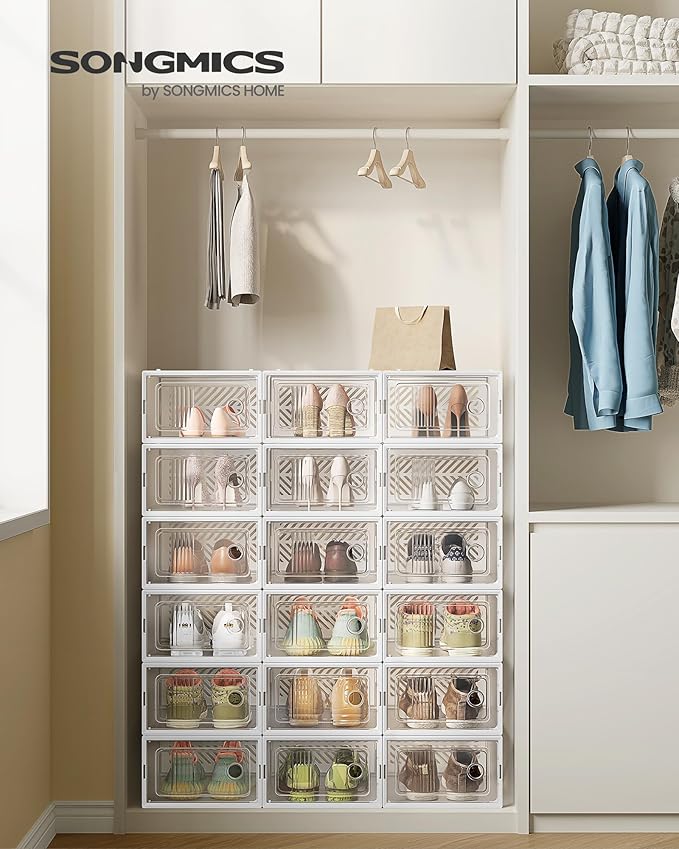 SONGMICS Stackable Shoe Boxes, Foldable Shoe Storage Organizers, Ventilated, for Max. Men's Shoes US Size 9 or Women's Shoes US Size 11, Sneakers, Set of 18, Transparent and White ULSP106W18V2