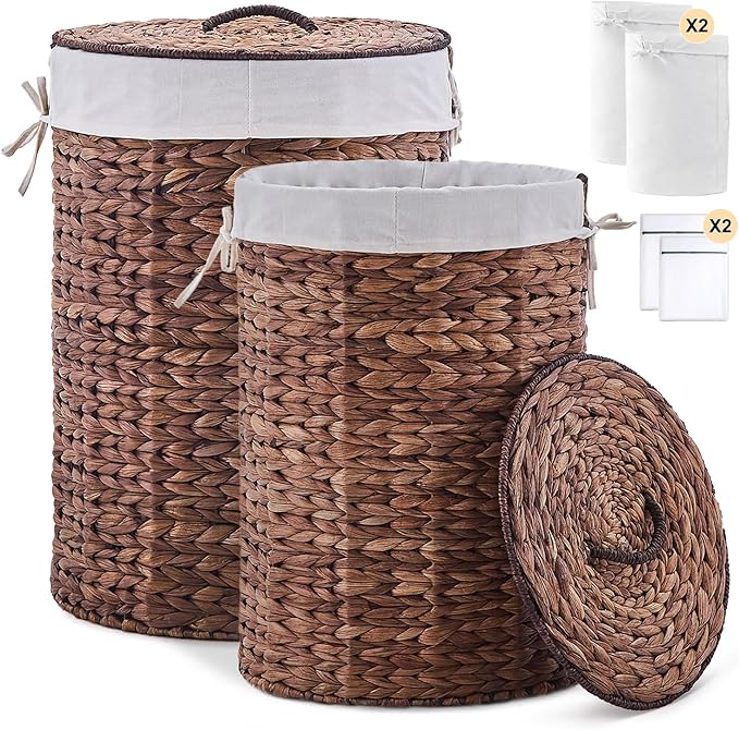 Round Water Hyacinth Laundry Hamper with Lid Handwoven Wicker Basket with Handles for Dirty Clothes, Storage, and Organization Ideal for Bedroom, Bathroom, and Laundry Room, No Assembly Required, 2Pcs