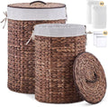 Round Water Hyacinth Laundry Hamper with Lid Handwoven Wicker Basket with Handles for Dirty Clothes, Storage, and Organization Ideal for Bedroom, Bathroom, and Laundry Room, No Assembly Required, 2Pcs