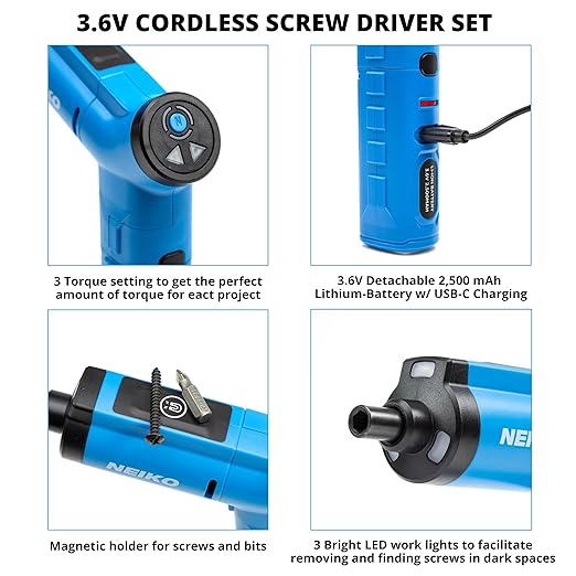 NEIKO 10580A Electric Screwdriver, 34pc Rechargeable Cordless Screwdriver Set, 1/4” Hex Shank 3.6V Lithium Ion Power Screwdriver, 3 LED Lights, USB C Charger Included, Mini Screw Driver