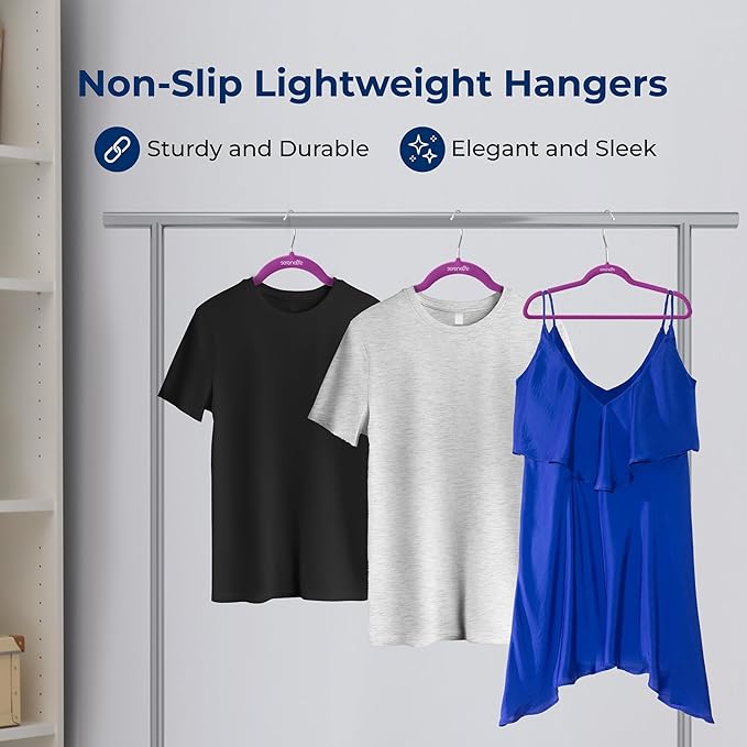 SereneLife 200 Pack Velvet Hangers - Non-Slip Felt Hangers with 360° Swivel Hook, Space-Saving, Ultra-Thin, Lightweight for Shirts, Sweaters, Hoodies, Kids Clothes & Dresses (Purple)